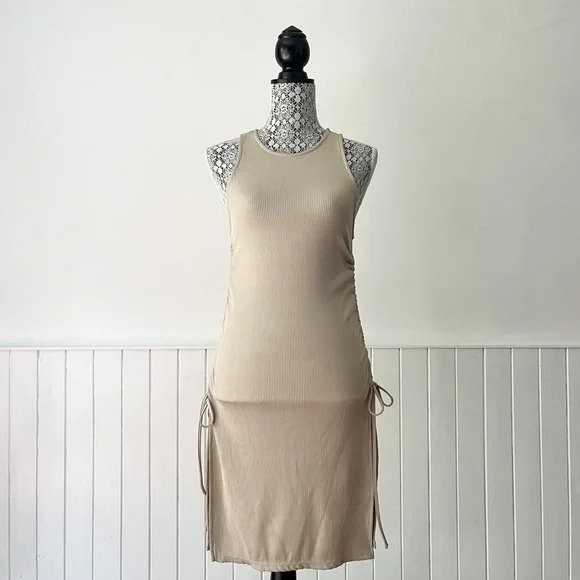 Zara Tan Ribbed Knit Ruched Drawstring Bodycon Dress Size S - Picture 1 of 15